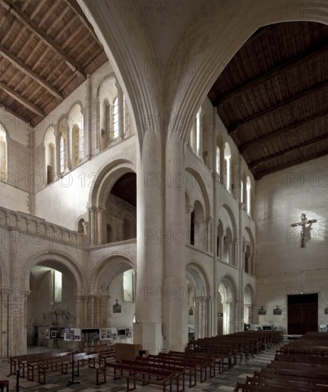 Cerisy-la-Forêt, Normandy, abbey church interior facing south-west with 18th century transept