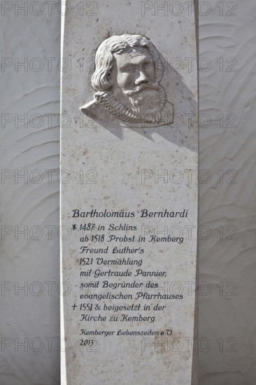 Kemberg Memorial stele in front of the town hall for Bartholomäus Bernhardi reformer and provost