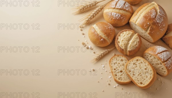 Round bread rolls and slices with wheat stalks on light background, AI generated