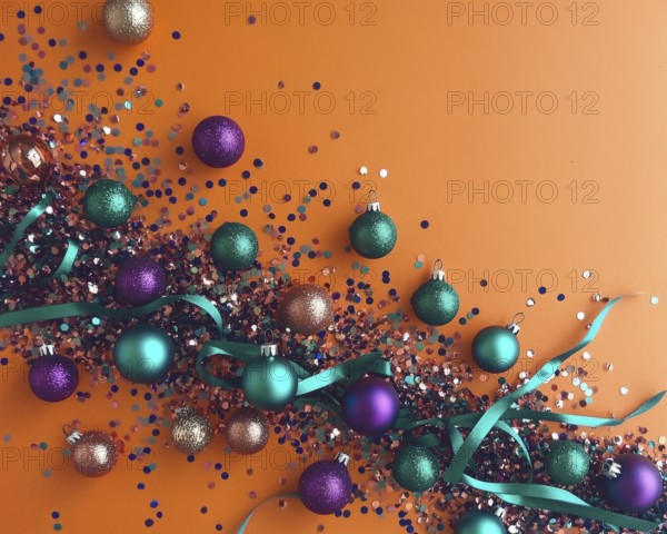 An eye-level close-up shows a bright orange background decorated with shiny holiday ornaments in