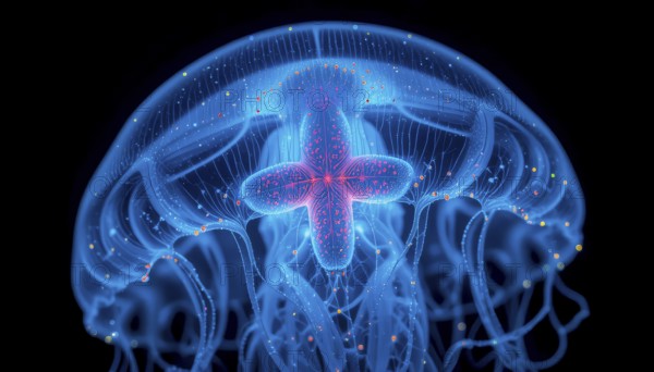 Symmetrical view of a glowing blue and purple jellyfish luminescent in the dark ocean, AI generated