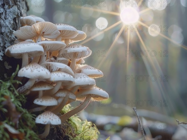 A cluster of small, delicate mushrooms grows on a tree trunk covered in moss. The sunlight filters