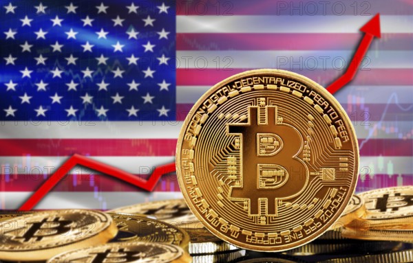 Bitcoin rising with USA flag in the background. Bitcoin with USA flag in the background