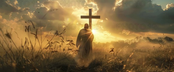 Lord Jesus Christ walking in dramatic sunset in front of the cross, AI generated