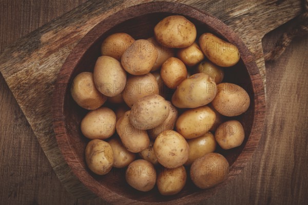 A bowl filled with freshly harvested small potatoes showcases their natural earthy tones. The
