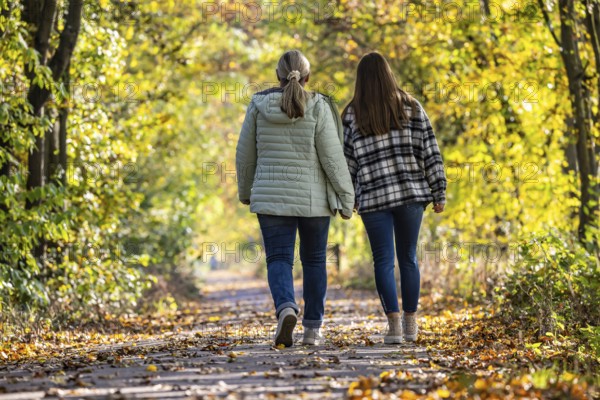 A walk through a colourful autumn forest. Two young woman on a circular path on the banks of the