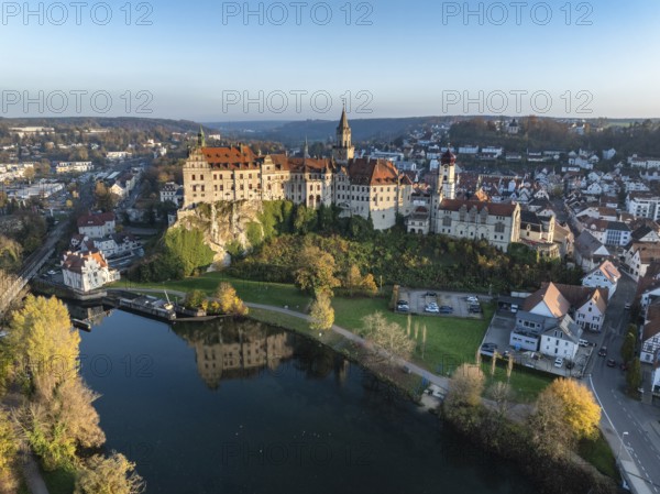 Aerial view of the town of Sigmaringen with the Hohenzollern Castle, a sight and tourist attraction