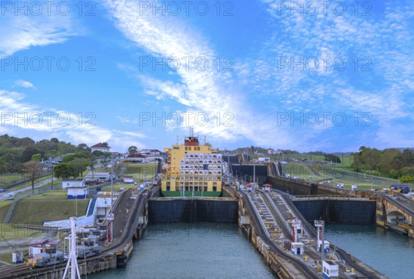 Panama Canal with locks connecting Atlantic and Pacific for global commerce shipments navigation .