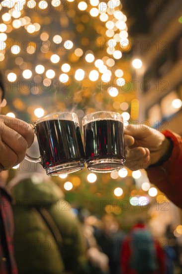 Two cups of mulled wine are toasted in a festive and illuminated night, Lichternacht Fest, Nagold,
