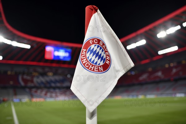 Night shot, corner flag with logo FC Bayern Munich FCB, Champions League, Allianz Arena, Munich,