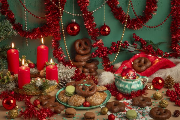 Lavishly decorated table with Christmas decorations, Advent wreath with four lit candles and
