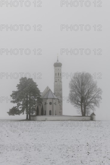 A gothic church with a tower in a foggy snowy landscape, pilgrimage church St. Coloman, near