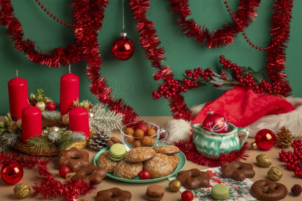Table with Christmas decorations, biscuits and Advent wreath with red candles, framed by garlands