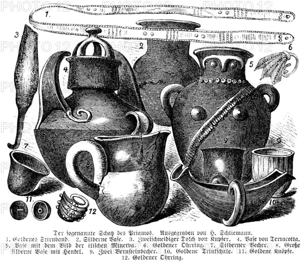 The treasure of Priam from Troy, excavated by Heinrich Schliemann, a find of gold and silver