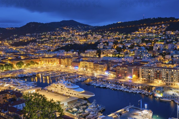 View of Old Port of Nice with luxury yacht boats from Castle Hill, France, Villefranche-sur-Mer,