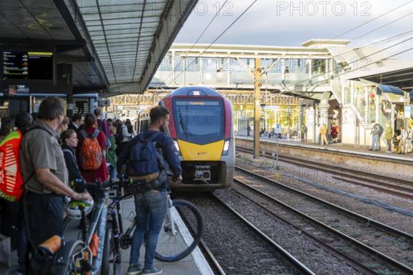 Greater Anglia class 755 FLIRT train arriving at platform, Cambridge, Cambridgeshire, England, UK