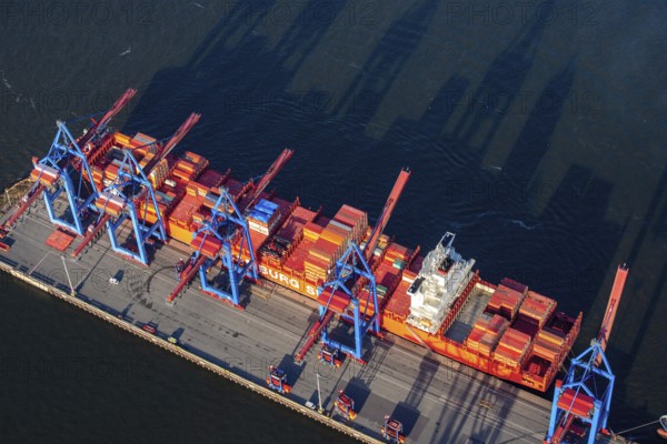 Aerial view of the container ship of the shipping company Hamburg Süd the Santa Teresa at the