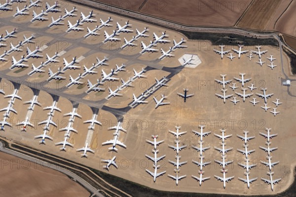 Aerial view of parked commercial aircraft at Teruel Airport in Aragon, parking, storage, scrapping,