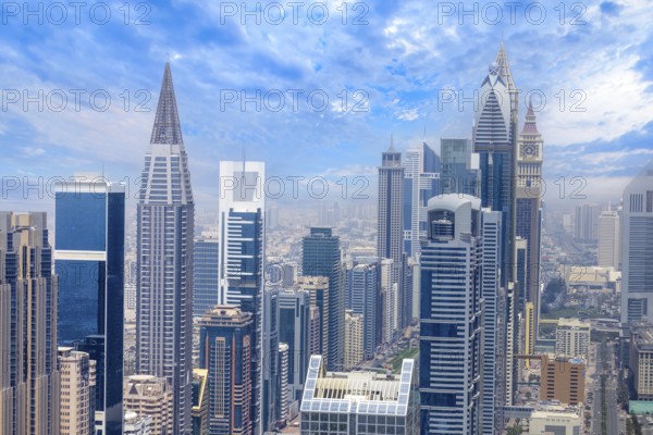 UAE, Dubai panoramic skyline view of city downtown and business district.