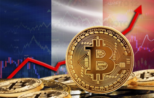 Bitcoin rising with France flag in the background. Bitcoin with France flag in the background
