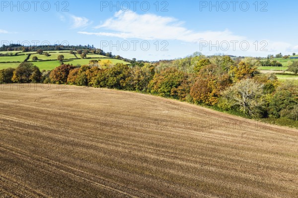 Fields and Farms over River Usk from a drone, Brecon, Brecon Beacons, Powys, Wales, England, United