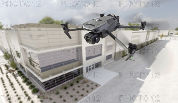 Unmanned aircraft system quadcopter drone UAV in the air near corporate industrial building