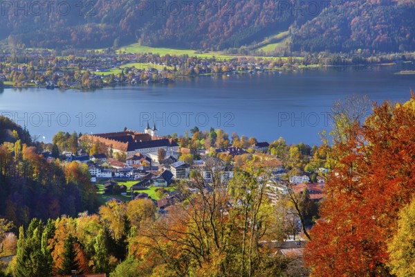 Panorama of the village and lake with the monastery castle in autumn, Tegernsee, Tegernsee,