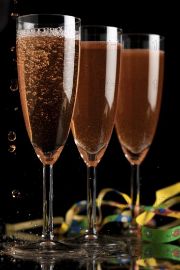 Three champagne glasses on a dark background, liquid bubbling, colourful ribbons next to them