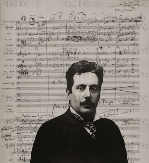 Giacomo Puccini, 1858 –1924, Italian composer, digitally edited according to a photograph, notation