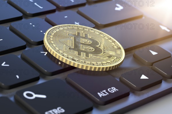 3d rendering of a bitcoin coin on a keyboard