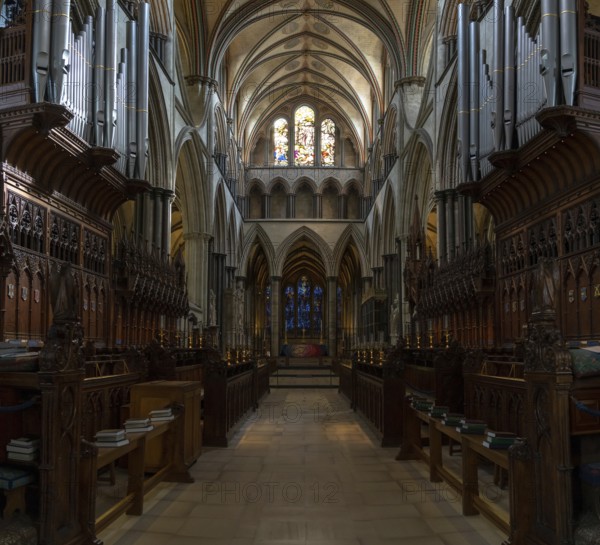 Salisbury, United Kingdom, 8 September, 2022: view of the elaborate woodwork and choir in the