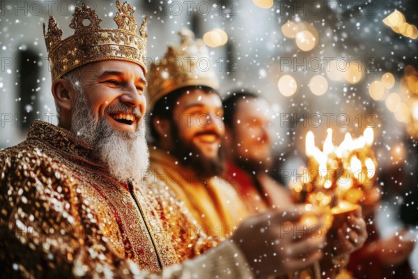 Wise Men wearing crowns and golden robes joyfully celebrate in a snowy Christmas scene with bright