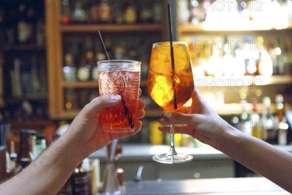 Woman and man raising a glasses of coktails in the bar background