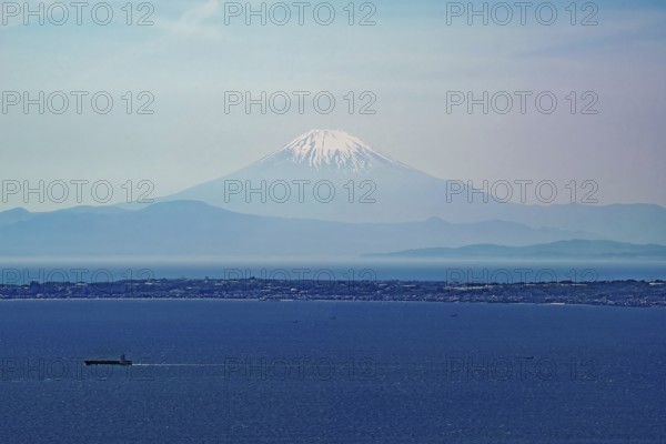 Mount Fuji by the sea, seen from Mount Nokogiri in Chiba, east of Tokyo