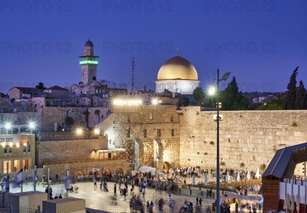 Jerusalem Israel. Dome of the rock, temple mount and wailing wall at sunset