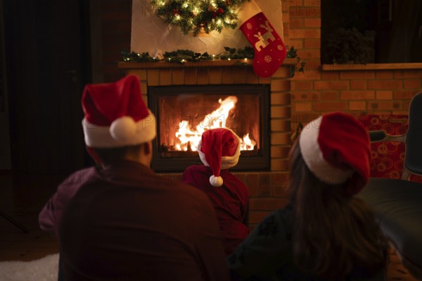 Family wearing Santa Claus hats sitting in front of the fireplace. Poland
