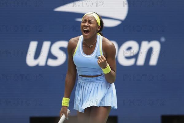 Tennis player Coco Gauff celebrates at the US Open 2024 Championships, Billie Jean King Tennis