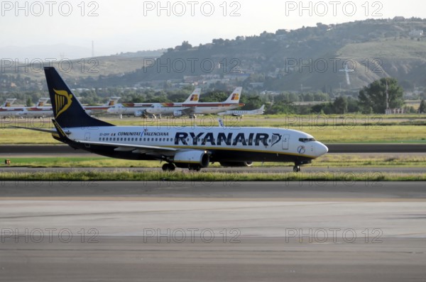 Madrid, Spain, Europe, A Ryanair aircraft is on the runway, ready for take-off, Europe