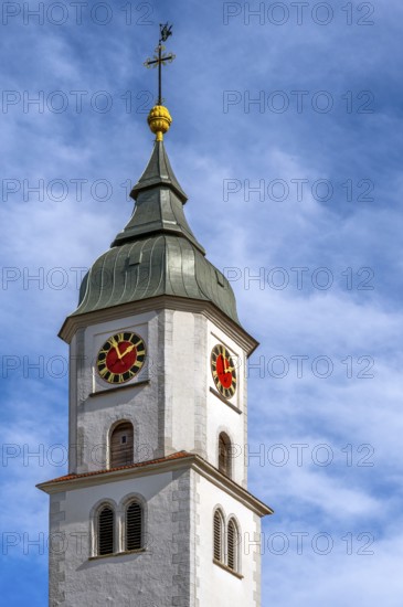 Church tower with clocks of the Roman Catholic Church of St Verena, Bad Wurzach, Allgäu,