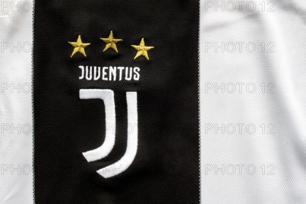 Calgary, Alberta, Canada. July 10, 2020. Juventus F.C. close up to their jersey logo