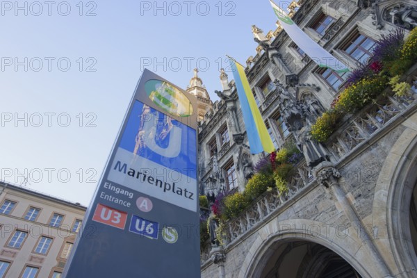 Marienplatz in Munich, Ukraine, flag, Bavaria, Free State, Isar, Germany. Underground, S-Bahn,