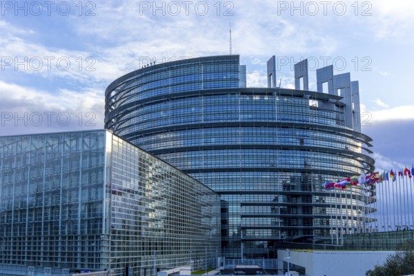 EU flags on poles in front of the Glass Fasadz building and the entrance to the European