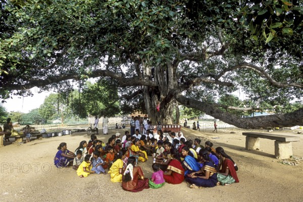 Village people assembled under the Banyan tree to redress village disputes, Tamil Nadu, South