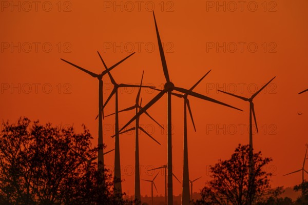 Wind turbines at sunset, Bad Wünnenberg, North Rhine-Westphalia, Germany, Europe