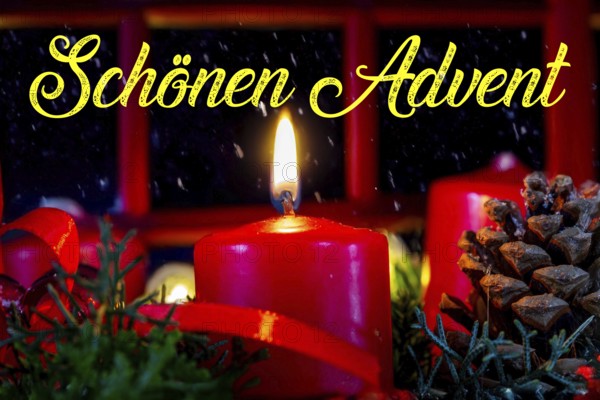 Advent greetings: Advent wreath with the words SCHÖNEN ADVENT in the background