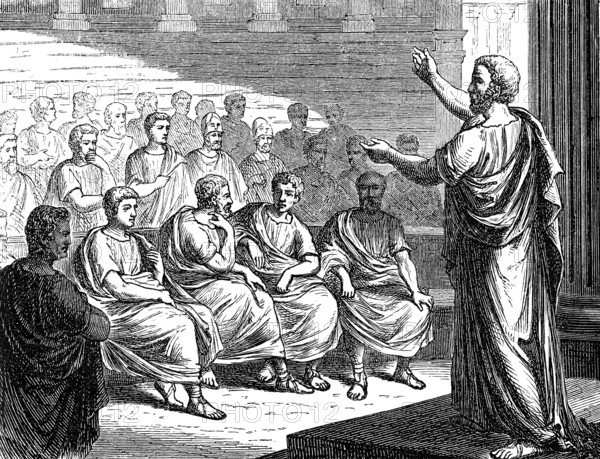 The political speech of Demosthenes, 384-322 BC, a Greek statesman and orator of ancient Athens,