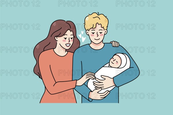 Happy young family with newborn baby enjoy parenthood together. Smiling parents hold in arms infant