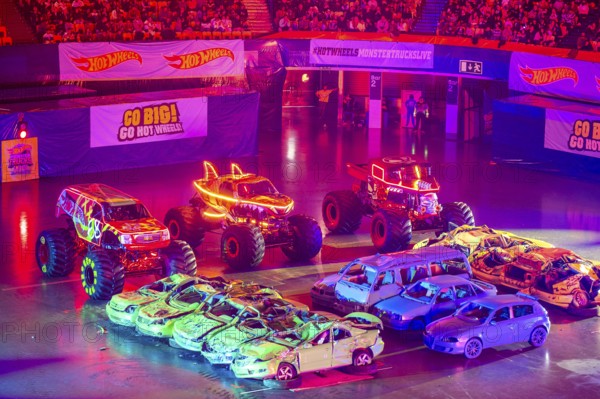 Lisbon, Portugal - March 2, 2024: HOT WHEELS MONSTER TRUCKS LIVE GLOW PARTY in Arena