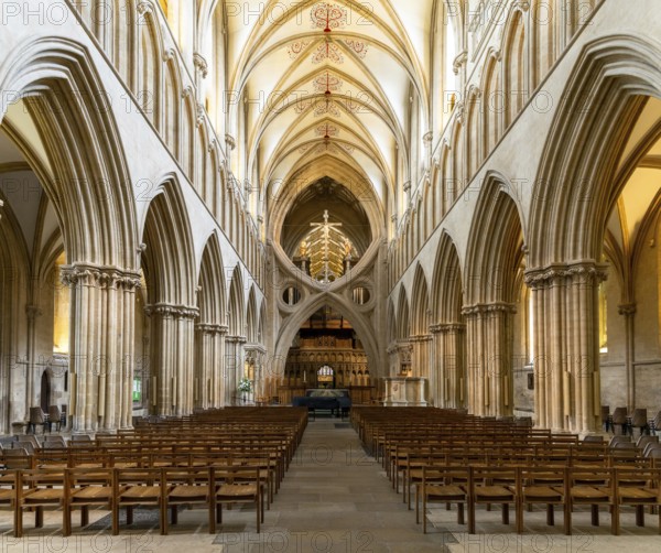 Wells, United Kingdom, 1 September, 2022: interior view of the Wells Cathedral in Someset with the