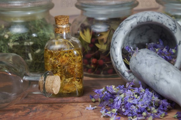 Crushing medicinal plants in a mortar and pestle with different homeopathic preparations in the
